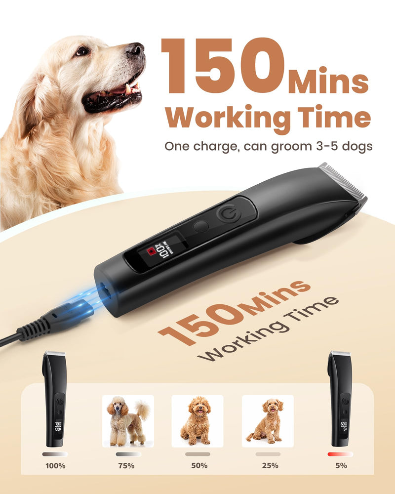 Dog Clippers for Grooming Thick Hair with Undercoat Rake, Low Noise Cordless Dog Grooming Kit with 2 Replacement Blade, Rechargeable Cat Shaver Timmer for Pets Glossy black - PawsPlanet Australia