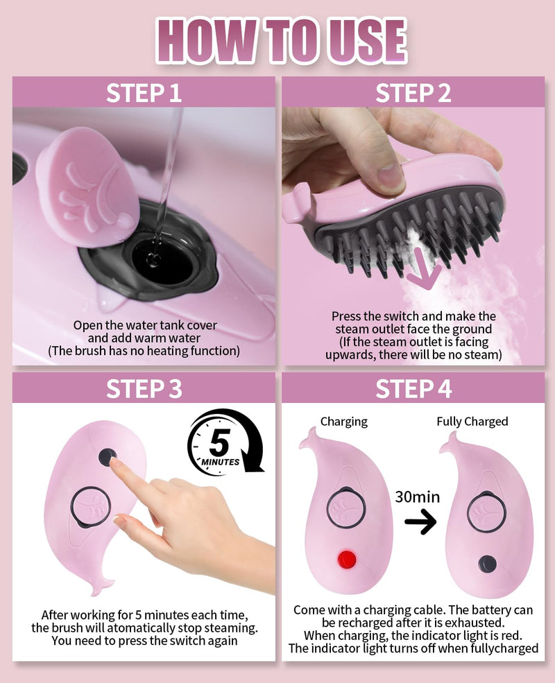 Cat Steam Brush for Shedding - 3 in 1 Steam Cat Brush for Grooming and Massage - Whales Shaped Cat Brush with Steam for Dogs, Removing Tangled and Loose Hair (Pink) - PawsPlanet Australia