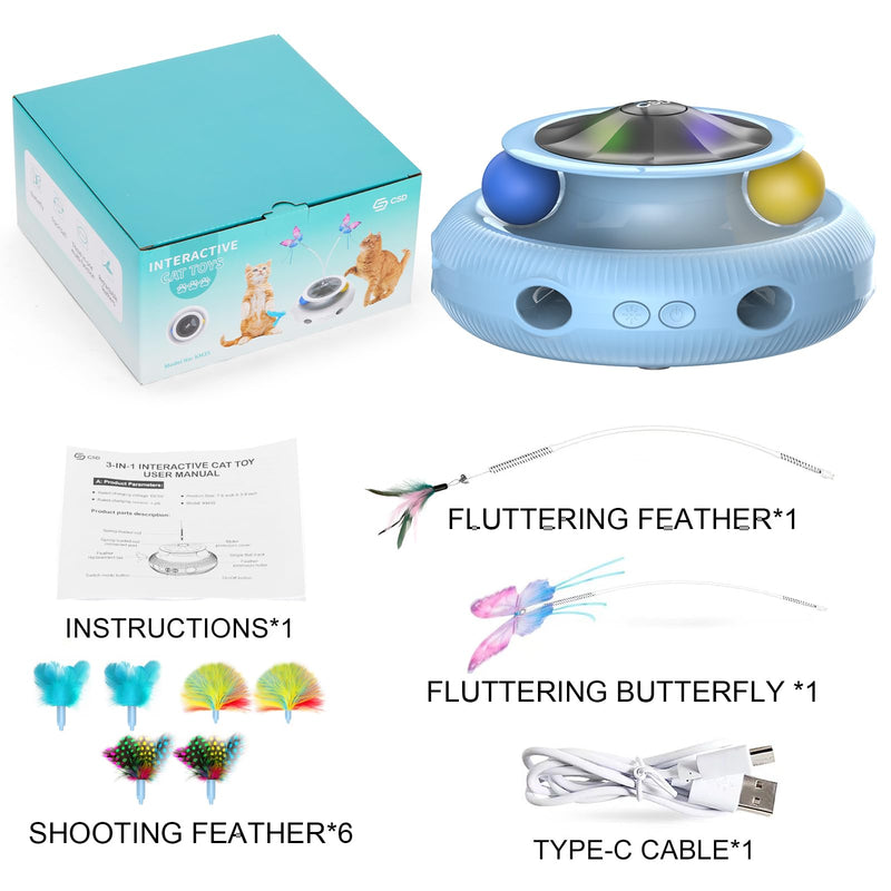 Cat Toys，3 in 1 Interactive Cat Toys for Indoor Cats，Automatic Kitten Toys with Fluttering Butterfly, Track Balls and Random Moving Ambush Feather，Rechargeable Feather Toys (sky blue) sky blue - PawsPlanet Australia