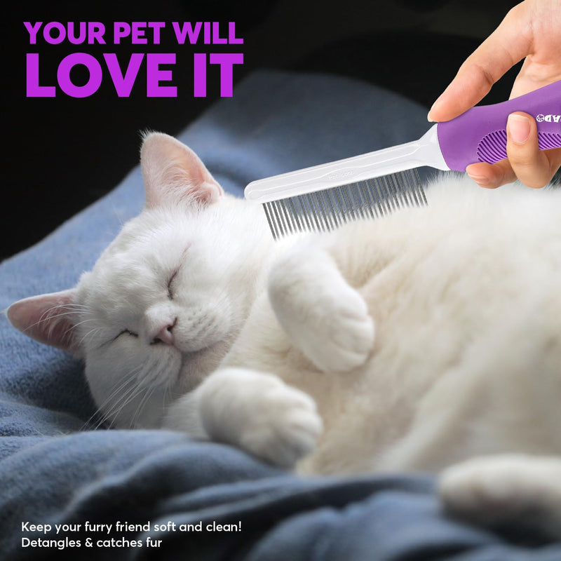 Grooming Comb for Dogs and Cats with Matted Hair, Detangling Pet Comb with Long and Short Stainless Steel Metal Fine Teeth for Removing Mats, Tangles, Knots & Loose Fur from The Undercoat Purple