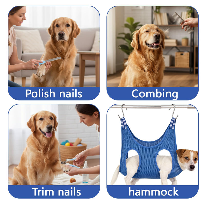 Dog Grooming Hammock Harness Kit, Breathable Dog Sling for Nail Clipping/Trimming, Adjustable Pet Grooming Restraint Bag with Clippers File Comb S-hooks Slings Grooming Supplies Kit for Claw Care Blue