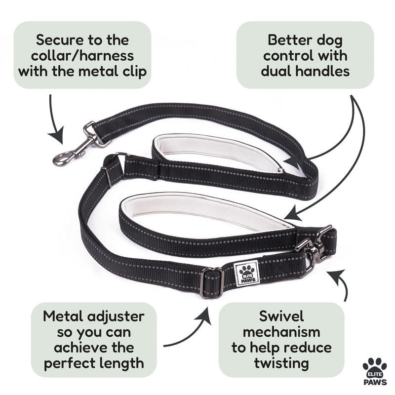 Elite Paws® UK: Double Handle Dog Lead - Strong Pull Training Leash with Padded Handles. Adjustable, Metal Accessories, Anti-Twist, Reflective, For Small, Medium & Large Pets Up To 30kg (Black) Black - PawsPlanet Australia