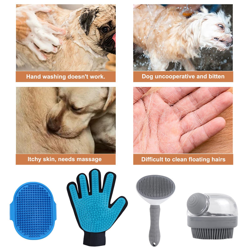 4Pcs Dog Shower Grooming Kit, Soft Silicone Pet Shampoo Massage Dispenser Brush, Adjustable Soothing Rubber Brush, Self-Cleaning Slicker Comb, Gentle Deshedding Brush Glove for Cats & Dogs - PawsPlanet Australia