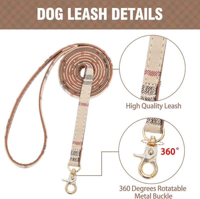 KOOLTAIL Small Dog Collar and Leash Set with Bowtie and Bells - Cute Puppy Bandana Collar and Leash with Classic Plaid Pattern, Soft Leather Tangle Free Leashes for Small Boys Girls Dogs,Cats,Beige XS X-Small((Neck Girth 8"-10") Beige