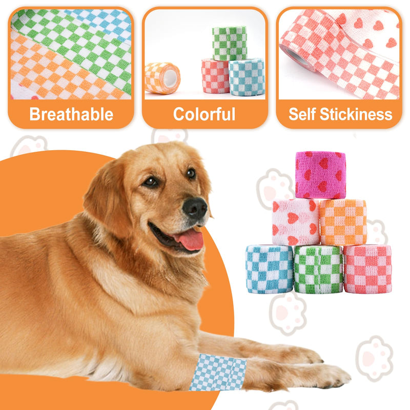 6 Roll 2 Inch x 5 Yards Checkered and Heart Print Pet Vet Wrap for Dogs Cats, Cohesive Bandages in Bulk, Non-Woven Self Adhesive Bandages Wrap Roll for Animals Wound Care, Ankle Sprains and Swelling - PawsPlanet Australia