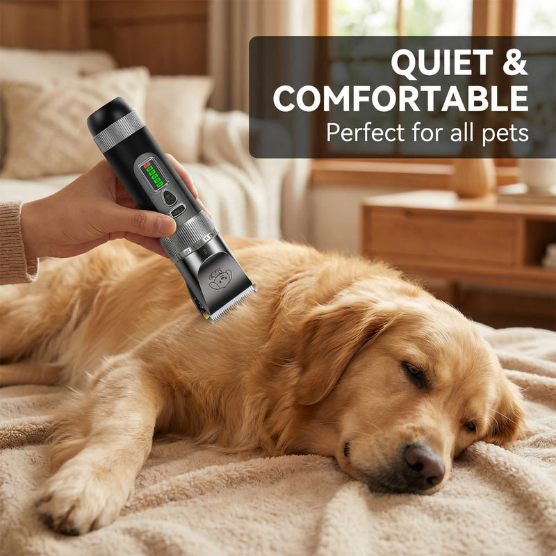 Pet Clippers, Quiet Dog Grooming Clippers with Ceramic Blade & 4 Guard Combs, Pet Hair Clippers for Dogs & Cats, Electric Trimmer Set with Scissors & Nail Clipper (Stainless Steel)