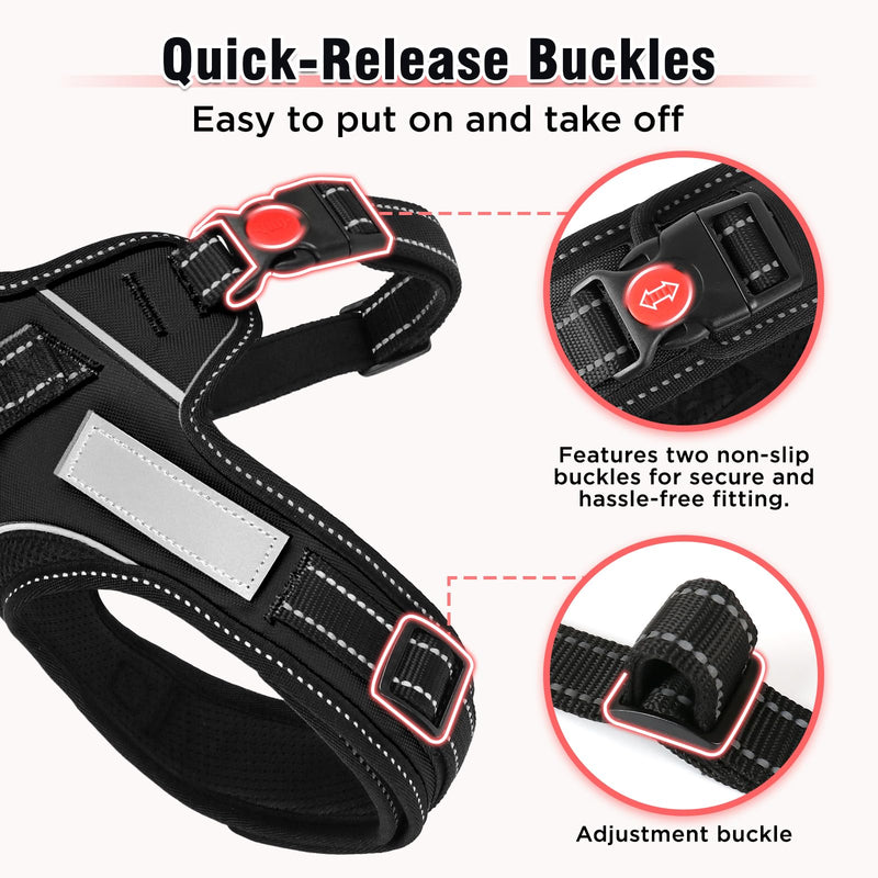 Soft No Pull Dog Harness - Black, Reflective Strips, Customizable Velcro Patches, Adjustable Breathable Vest with Soft Neck Pad & Locking Buckle for Small Medium Large Dogs-XL XL - PawsPlanet Australia