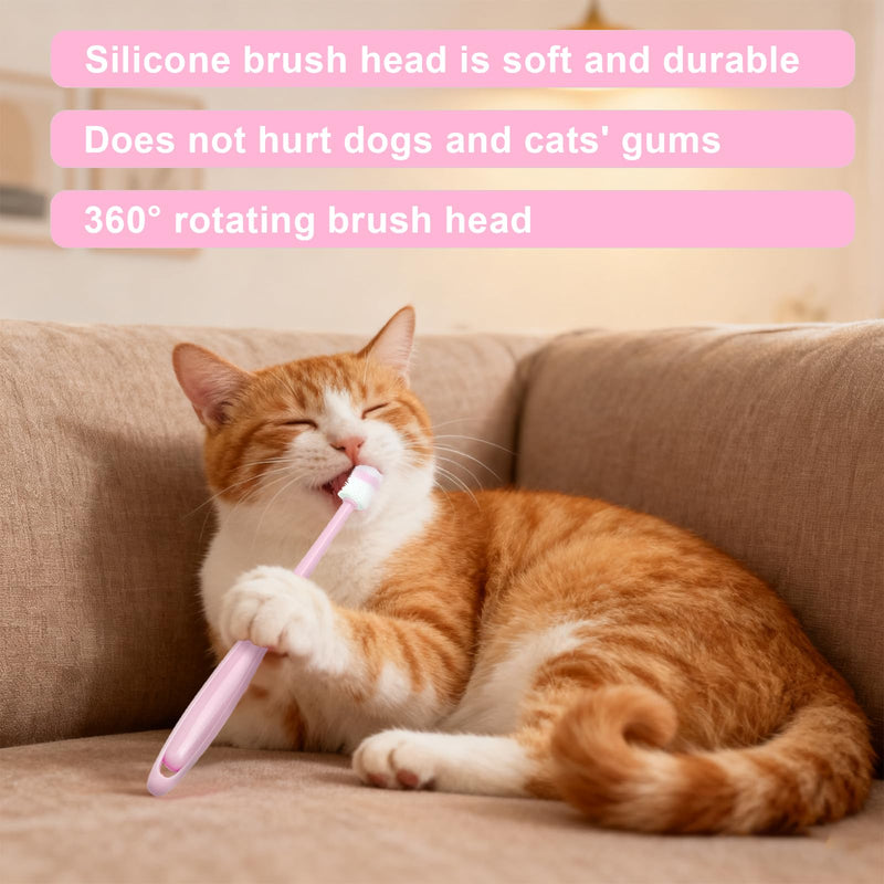 Cat Dental Care Toothbrush Set - 3 Pieces Cat Toothbrush + 2 Pieces 360 Degree Toothbrush, Soft Silicone Toothbrush, Reusable for Small Pets Dogs and Cats in Pink, Blue, Green