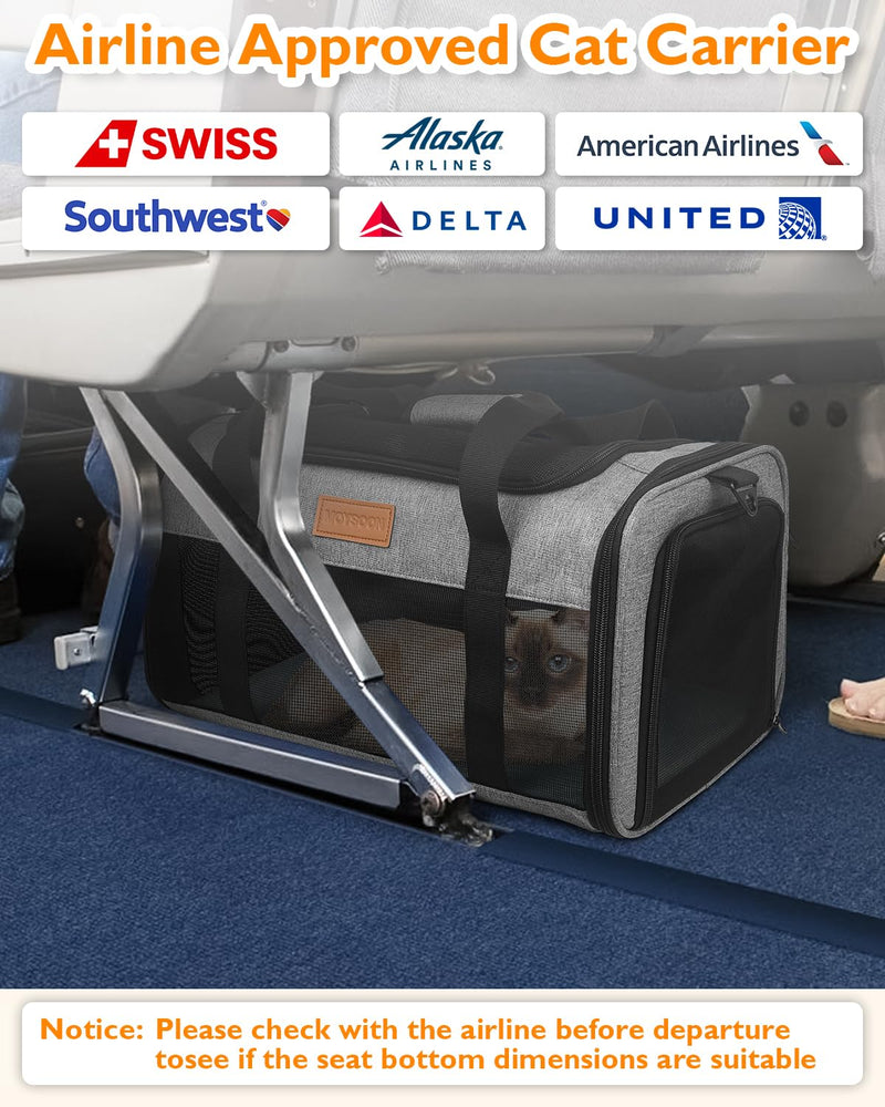 PETUX Airline Approved Pet Carrier - 17x11x9.5 in, Underseat, Top & Side Entry, Soft Sided Cat Dog Carrier for Small Cat & Dog Up to 12 lbs with Breathable Anti-Scratch Mesh for Travel & Vet - Grey 17.0"L x 11.0"W x 9.5"H - PawsPlanet Australia