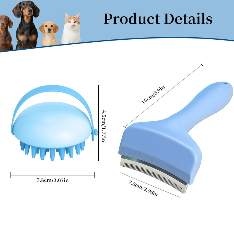 2 Pack Pet Grooming Set, Short Teeth Stainless Steel Deshedding Brush for Short-Haired Dogs and Soft Silicone Circular Bath Brush, Efficient Fur Removal and Gentle Cleaning (Blue, Small) Blue - PawsPlanet Australia