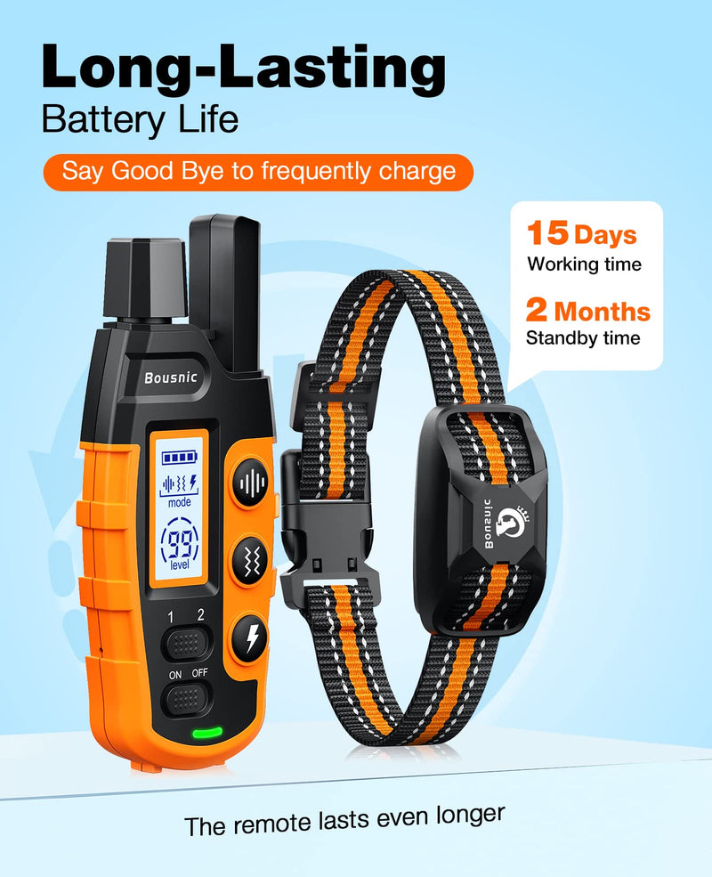 Bousnic Dog Shock Collar - 3300Ft Dog Training Collar with Remote for 5-120lbs Small Medium Large Dogs Rechargeable Waterproof e Collar with Beep (1-8), Vibration(1-16), Safe Shock(1-99) (Orange) Orange - PawsPlanet Australia