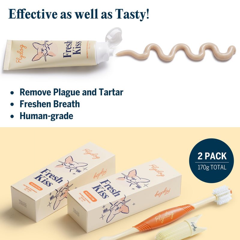 FlyDog Fresh Kiss Dog Tooth Brushing Kit - Vet Approved Formula, Enzymatic Dog Toothpaste and Brush - Breath Freshener & Tartar Remover, 360° Toothbrush & Finger Brush, Dental Guide, Peanut Butter