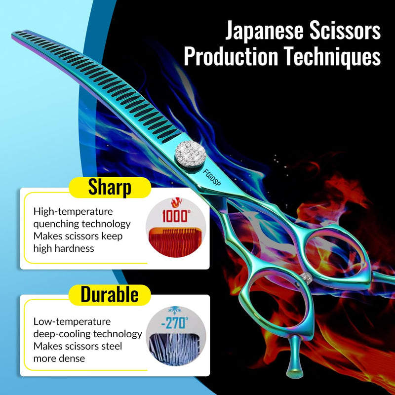 Professional Curved Thinning Shears Dog Grooming Scissors 7.5'' Blue Green Curved Chunkers Shears for Grooming Large Dogs Pet 35 Teeth Japan 440C(Curved Chunkers,Turquoise) 7.5 in Curved Chunkers Turquoise - PawsPlanet Australia