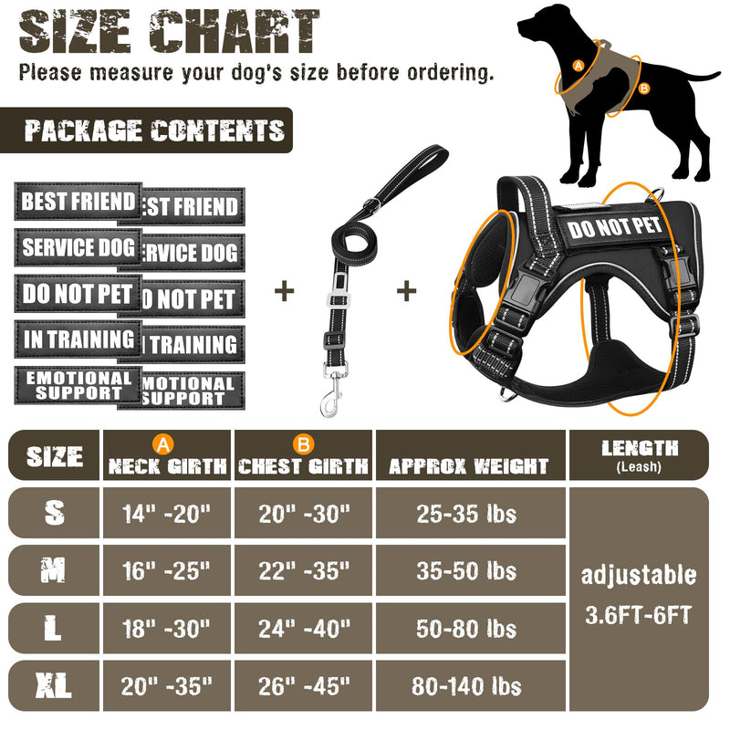 Tactical Dog Harness and Leash Set for Large Dogs,Heavy Duty No Pull Service Dog Vest and 10 Patches with Dog Seat Belt,Reflective Adjustable Pet Harness for Training Walking Hiking Black L - PawsPlanet Australia