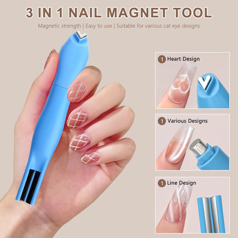3 In 1 Cat Eye Nail Magnet Tools, Heart & Round Designs Multifunctional Magnetic Stick, Cat Eye Gel Polish Heart Nail Magnets for Nails Accessory for Home DIY, Salon & Studio (Blue) Blue - PawsPlanet Australia