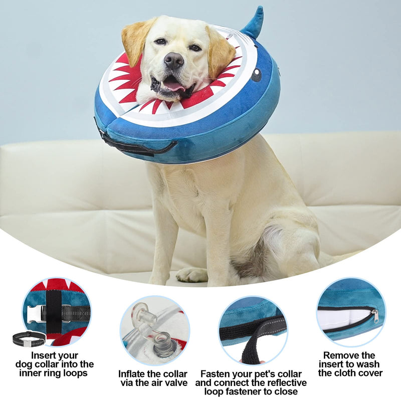 BEAUTYZOO Dog Cone Alternative After Surgery for Large Medium Small Dogs, Soft Inflatable Cone Collar for Dogs Cats, Dog Neck Donut E Collar Dog Recovery Collar to Stop Licking, Shark Blue, L L(Neck:16"-18") Shark Donut