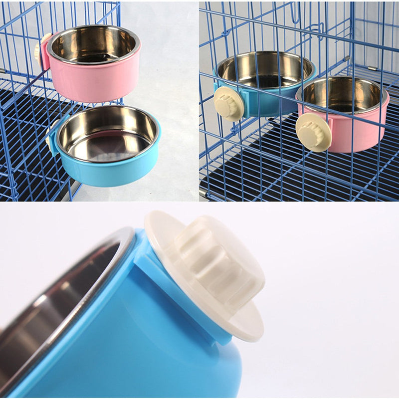 Crate Dog Bowl Removable Stainless Steel Water Food Feeder Bowls Cage Coop Cup for Cat Puppy Bird Pets Small Blue