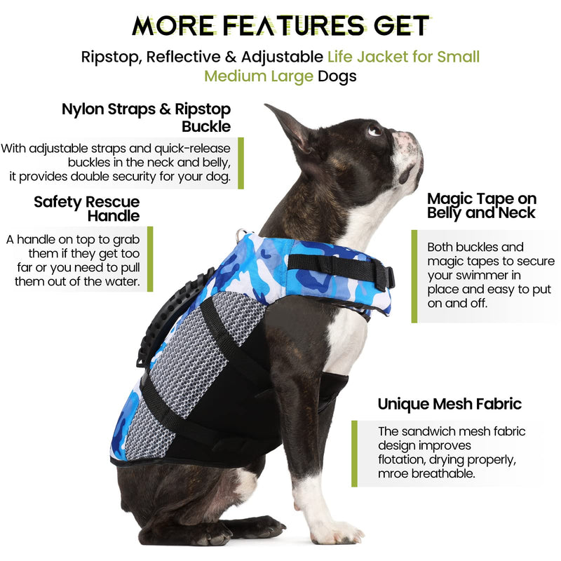 MIGOHI Dog Life Jacket, Camo Dog Life Vest with Rescue Handle for Swimming Boating Pool, High Visibility Dog Flotation Swimsuit Ripstop Doggy Lifesaver for Small Medium Large Dogs, Blue L