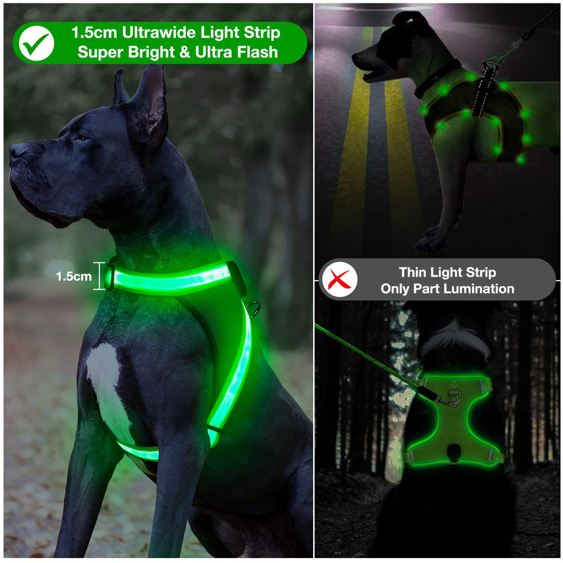 ChalkLit Light Up Dog Harness, No Pull Led Dog Harness Glow-in-The-Dark for Night Walking, USB Rechargeable Lighted Safety Vest for Medium Large Dogs, Adjustable Soft Mesh Fully Illuminated(Green, L) Green - PawsPlanet Australia