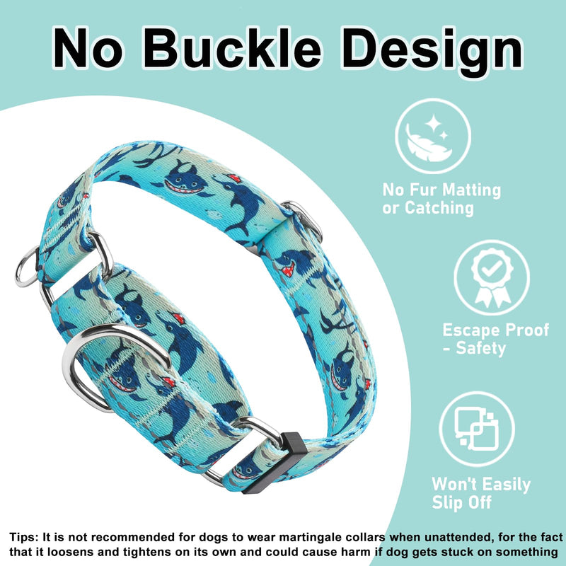 Reflective Martingale Collar for Dogs Nylon Training Collar with No Buckle, No Pull Boy Male Dog Collar for Medium Dogs（Green Shark，M） Green Shark