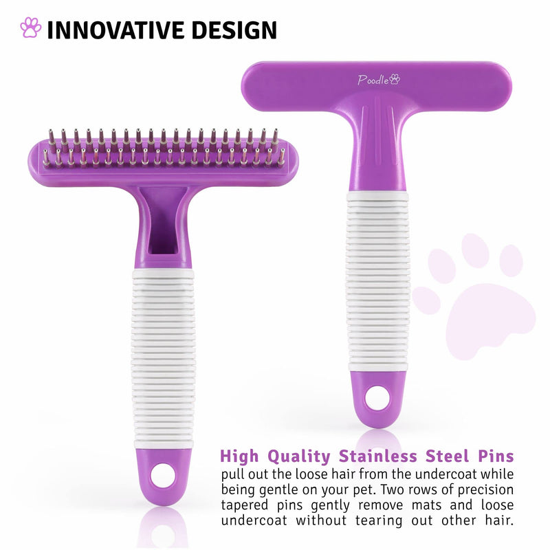 Poodle Pet Dog Grooming Rake| Dematting Tool with Stainless Steel Shedding Comb for Pets | 2 Rows of Pins Gently Remove Loose or Tangled Hair from Undercoat | Purple Handle - PawsPlanet Australia