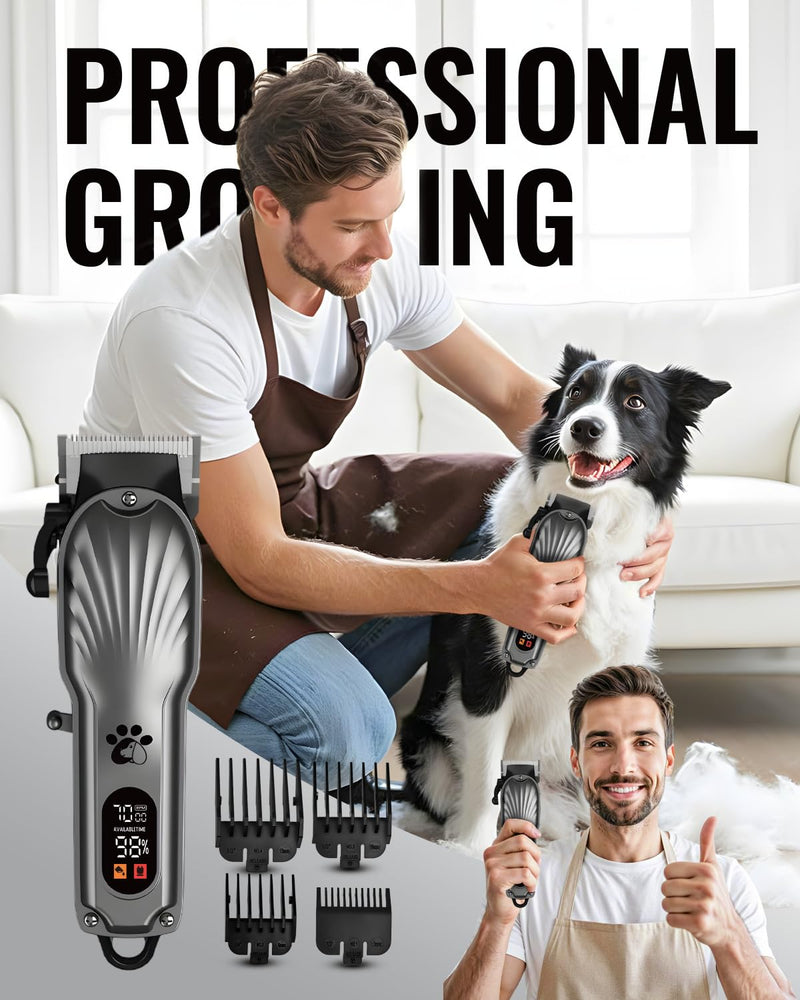 Dog Clippers Professional for Thick Hair, Pet Clippers for Dogs Cordless LED Display Low Noise Rechargeable Dog Trimmer with Grooming Nail Kits Gray