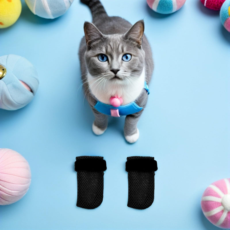 4-pack of cat paw protectors made of breathable polyester. Adjustable claw protection caps for cats to protect during medication administration and claw care.
