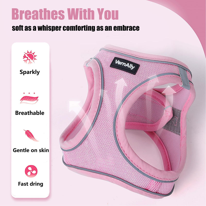 Sparkly Dog Harness Small Sized and Leash Set for Small Dogs Cats,Pink XXS Puppy Harness, Step in Soft Dog Reflective Vest, Breathable Mesh Pet Harness. (Pink, XXS) Pink - PawsPlanet Australia