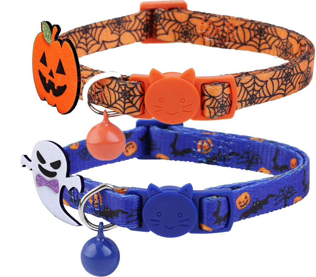 BoomBone 2 Pack Cat Halloween Collar,Kitten Collars for Small Dogs with Bell and Pumpkin Ghost Charm