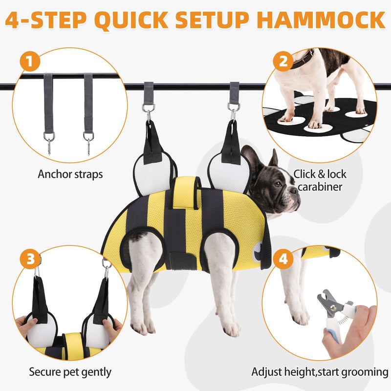 Dog Grooming Hammock for Small Dogs Cats, Cute Bee Design Dog Hanging Harness for Nail Trimming/Clipping, Pet Sling with Grooming Kit and Thick Neck Support & Strap Restraint Claw Care, XS X-Small Yellow Bee