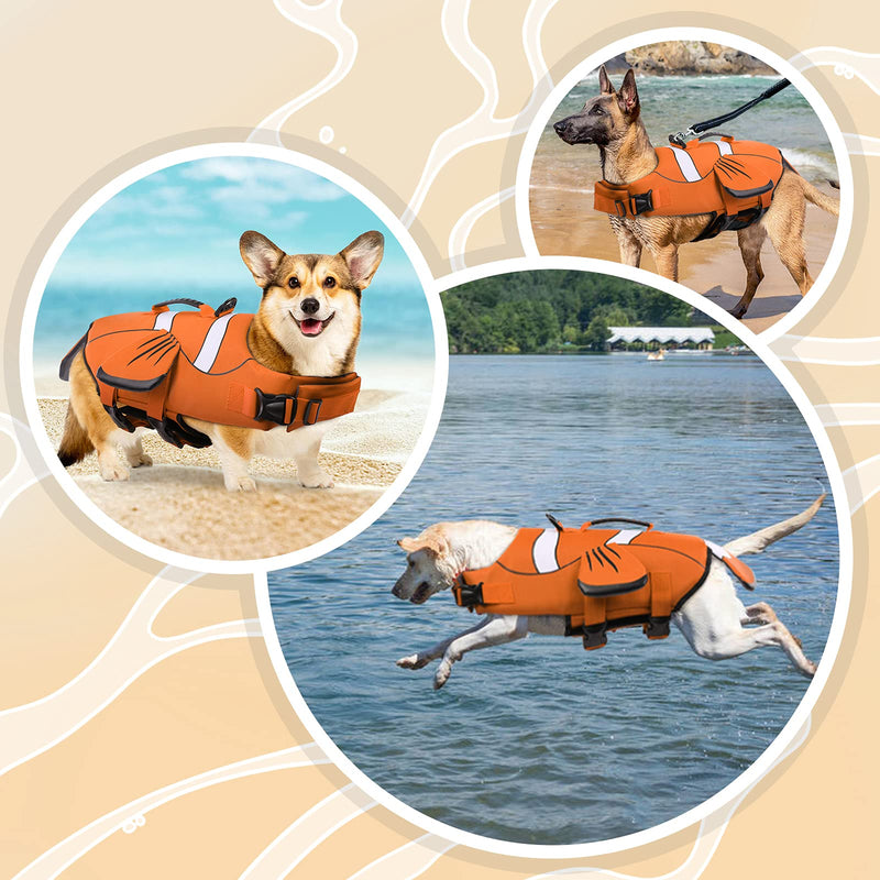 DENTRUN Dog Life Jacket Safety Vests for Swimming, Adjustable Puppy Pool Lake Floats Coat High Visibility Superior Floatation & Rescue Handle, Clownfish Shape Water Vest for Small Medium Large Dog XX-Large Orange