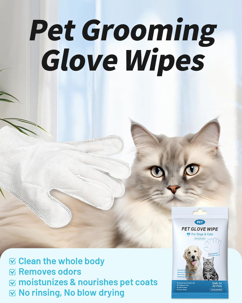 Pet Cleaning and Deodorizing Bathing Disposable Grooming Glove Wipes for Dogs and Cats, Extra Thick Nourish Fur No-Rinse Grooming Wipes for Daily Care and Travel, Hypoallergenic, Unscented, 6PCS/Pack - PawsPlanet Australia