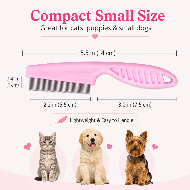 Flea Comb for Cats and Dogs, Small Pink Fine Tooth Pet Grooming Comb with Stainless Steel Teeth, Manual Pet Care Tool for Kittens, Puppies, Face, Eyes, Paws, Short Medium Coats