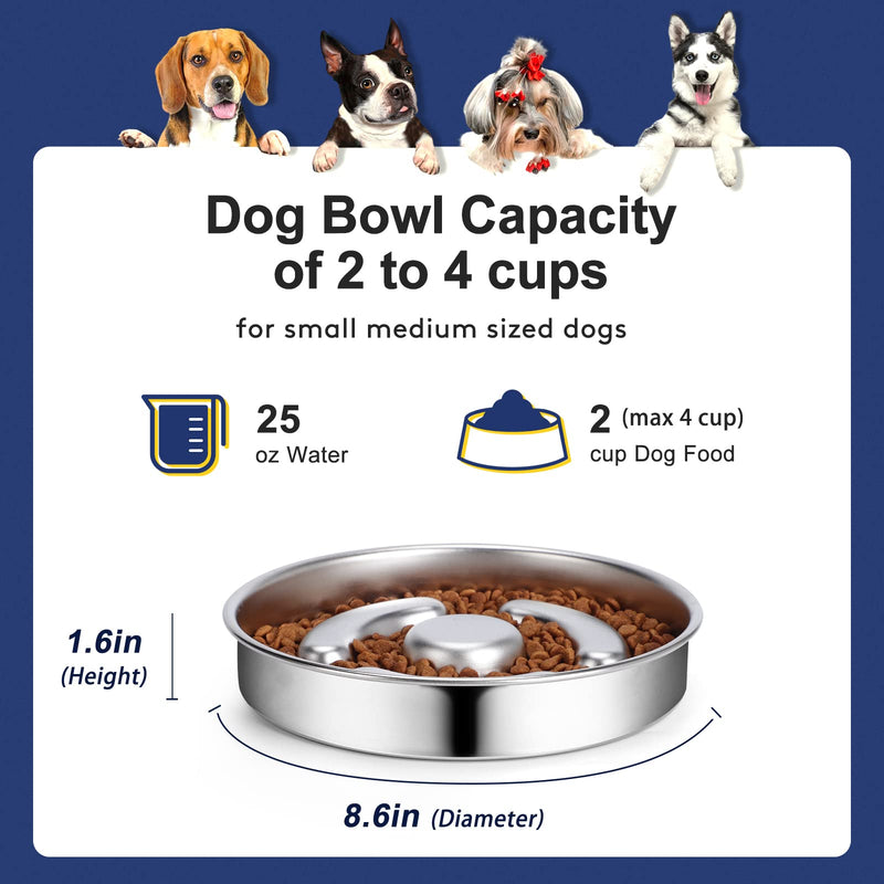 Slow Feeder Dog Bowl Stainless Steel, 2 Cups Metal Non-Slip Dog Food Bowls, Dog Water Bowl for Small & Medium Sized Dogs, Fun Bloat Stop Pet Bowl for Fast Eaters, Slows Down Pets Eating Non-Slip Bottom 2 Cups/ 1.6" Deep (Max 4Cups)