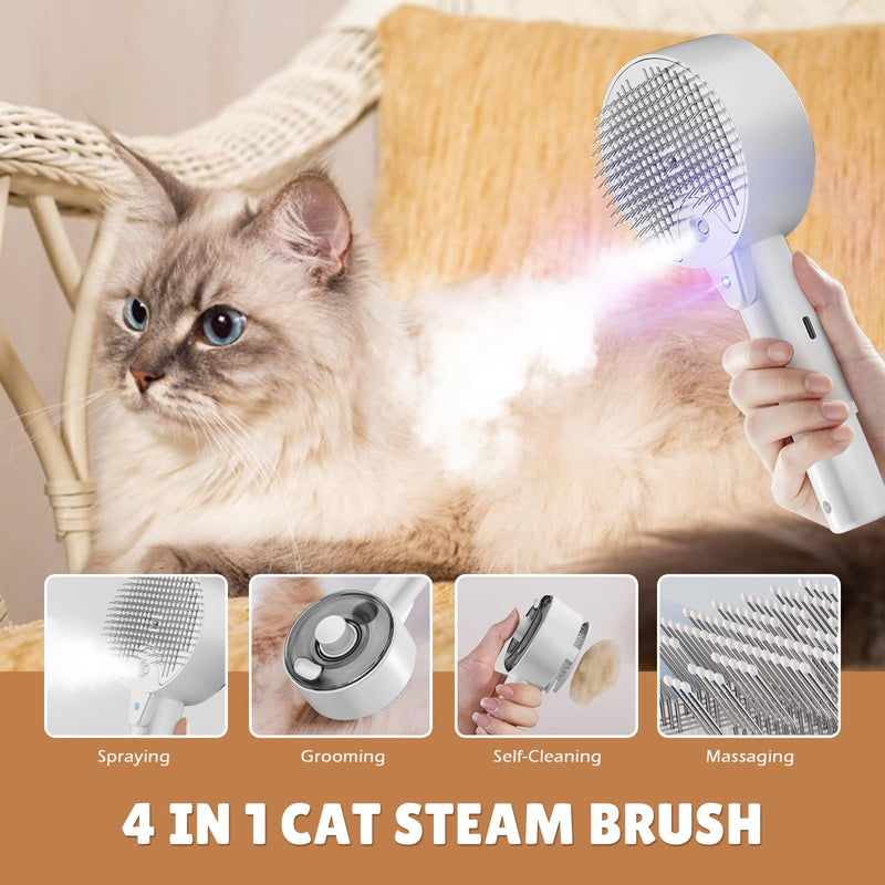Cat Steam Brush,Cat Brushes for Indoor Cats, 4 In 1Spritz Spray Defur Comb, Cloud Care Shedding Control, Pet Grooming Brush for Long Short Hair Cats Dogs, Massage Clean Design Pet Steam Brushes White