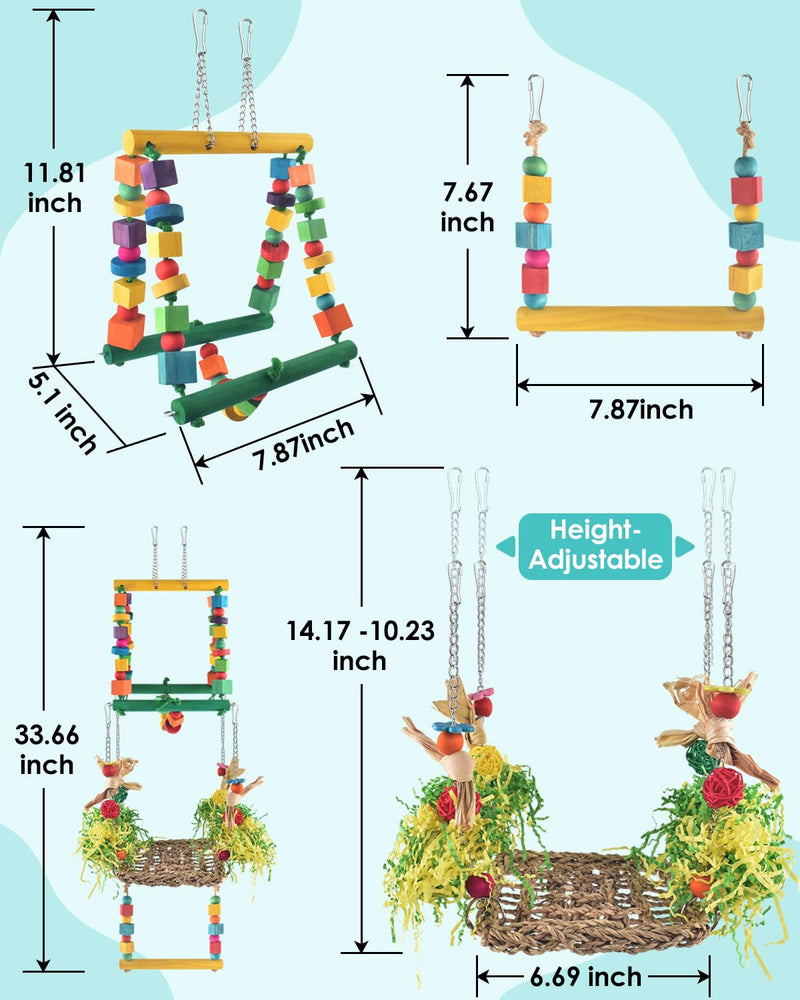Bird Hammock Toys Parakeet Perches Swing, 3in1 Detachable Parrot Cage Accessories, Wooden Hanging Chew Toys for Small to Large Conure Cockatiel Quaker African Grey - PawsPlanet Australia