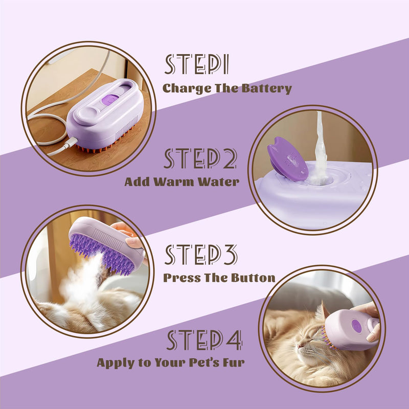 Cat Brush Cat Steam Brush Rechargeable Steamy Pet Grooming For Shedding, Water Spray Massage Brushs, Dog Hair Removal Self Cleaning Brushs Steamer Wet Spa Comb (Purple) - PawsPlanet Australia