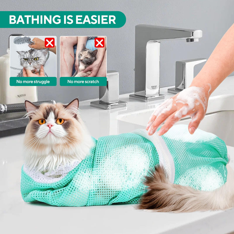 Cat Bag for Bath Adjustable Breathable Mesh Pet Restraint Bag for Bath Nail Trim Medicine and Vet Visits Escape Proof Wash Bag Green Blue - PawsPlanet Australia