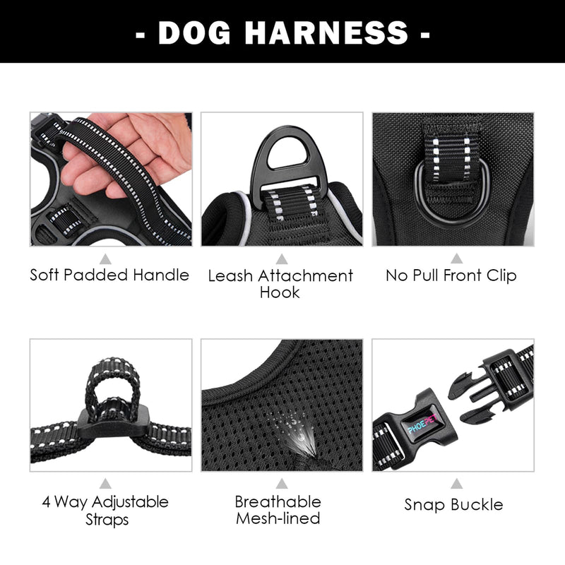 PHOEPET No Pull Dog Harness Medium Reflective Front Clip Vest with Handle,Adjustable 2 Metal Rings 3 Buckles,[Easy to Put on & Take Off](M, Black) - PawsPlanet Australia