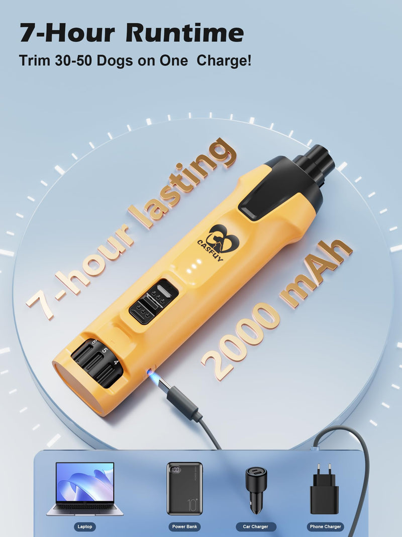Casfuy 6-Speed Dog Nail Grinder – 50%+ Boost Power Dog Nail Trimmers Quiet with Dust Cap & 2 LED Lights & 2000mAh Battery & 4.8V Motor Electric Pet Toenail File Tool for Large Medium Small Dogs Cats Yellow - PawsPlanet Australia