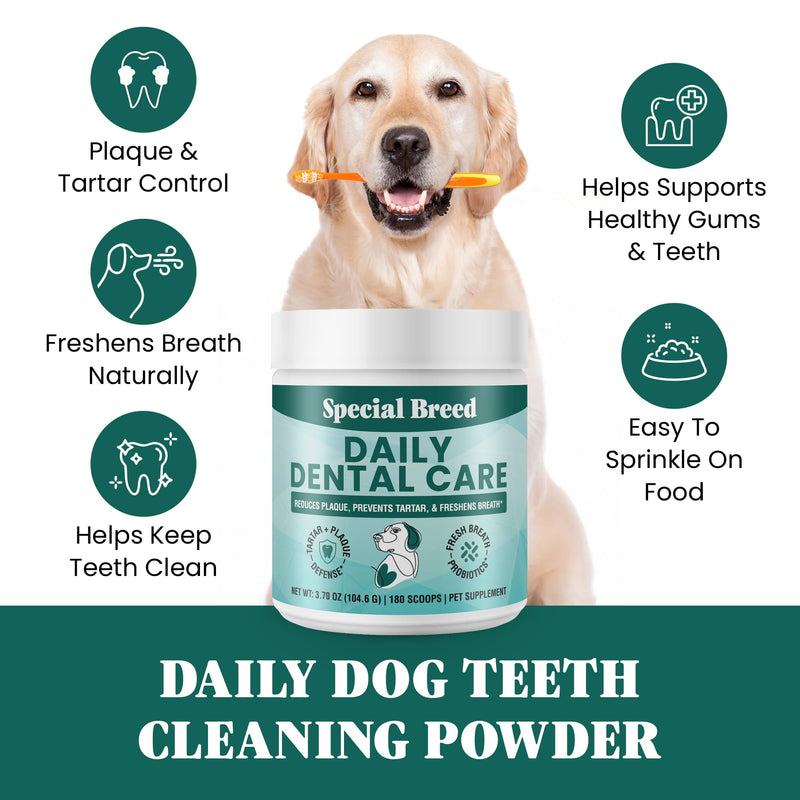 Dog Teeth Cleaning Powder – Natural Dog Dental Powder for Tartar Control, Fresh Breath & Gum Health – Daily Plaque Remover with Zeolite, Brown Algae, Probiotics & Rosemary – 180 Scoops 3.7 Ounce (Pack of 1)
