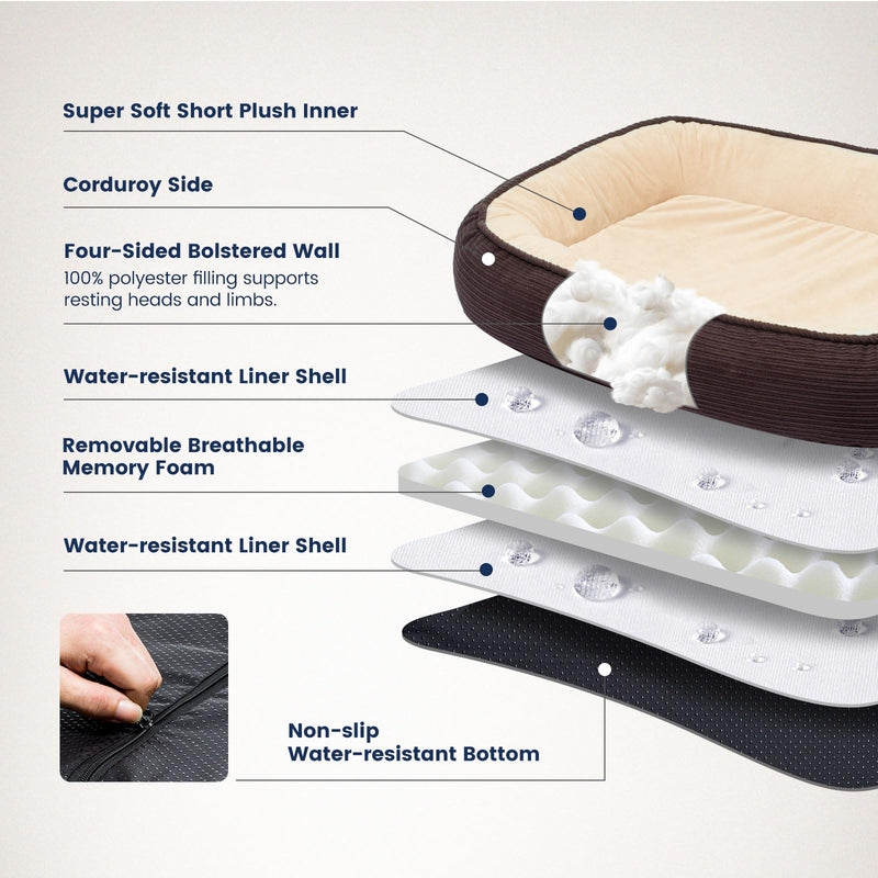 Orthopedic Dog Bed Small Washable, Egg Crate Foam Cat Bed for Senior Cat,Oval Kennel Bed, Pet Couch Bed with Four Sided Bolster, Removable Washable Cover Non-Slip Bottom, Brown S (20" x 16" x 5") - PawsPlanet Australia