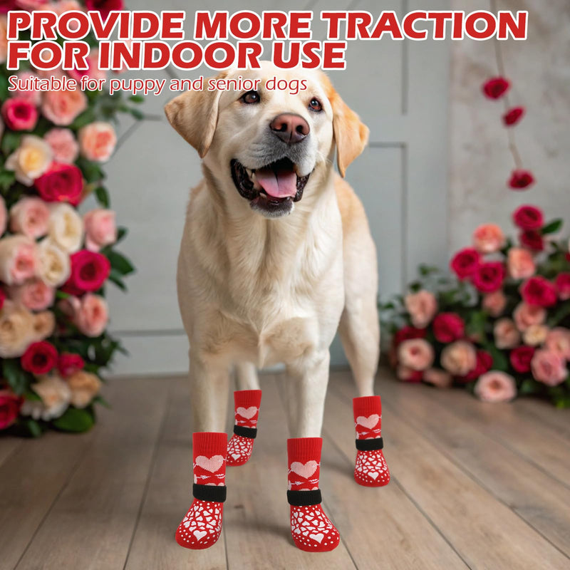 EXPAWLORER Dog Socks to Prevent Licking Paws, Valentine's Day 4 Pcs Anti Slip Dog Socks with Grippers, Dog Shoes for Hardwood Floors, Dog Booties for Small Medium Large Senior Dogs, Red M