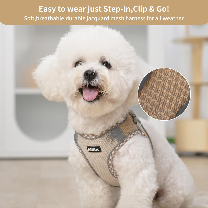 AIITLE Teacup Puppy Harness with Leash - Adjustable Soft Vest with Magic Tape & Reflective Safety Strips, Easy-Put-On for Poodles, Pomeranians - Gym, Hiking, Travel (Brown-Beige, S) Brown-Beige S(Chest: 13.5 - 15") - PawsPlanet Australia