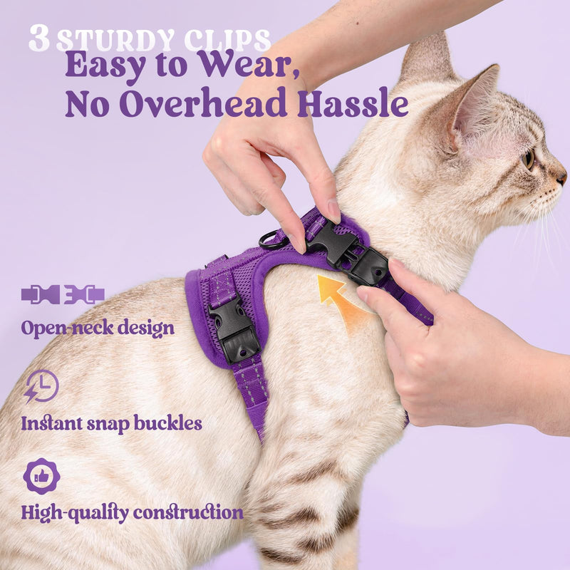 rabbitgoo Cat Harness and Lead Set, Escape Proof Kitten Harness with 3 Adjustable Buckles, Soft Comfortable Cat Vest with Leash, Easy to Wear, Reflective for Safe Outdoor Walking, Small, Purple