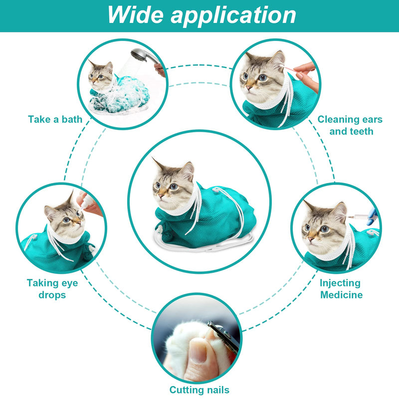 Cat Bathing Bag, Breathable Mesh Cat Shower Bag Anti Scratch Adjustable Cat Grooming Bag for Nail Trimming, Bathing Polyester Soft Cat Washing Bag (White-Green) White-Green