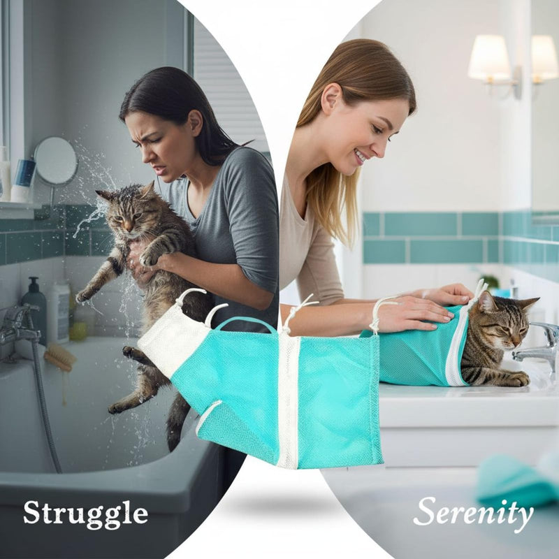Adjustable cat wash net, cat bath bag, 60 cm, anti-bite protection, scratch-resistant, green and white, for grooming, nail trimming, feeding, shower restraint