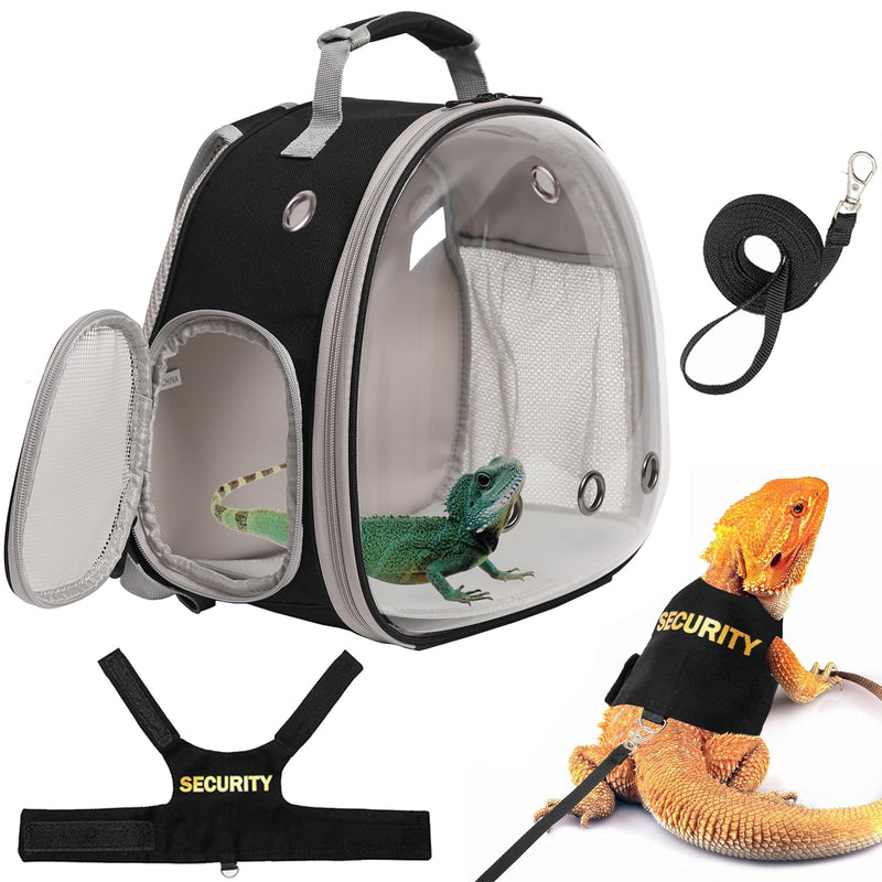 Bearded Dragon Carrier Backpack with Security Printing Harness Leash Set, Reptile Lizard Space Capsule Astronaut Clear Bubble Window Travel Carrier for Small Animal Guinea Pig(Black, Security Harness) Black - PawsPlanet Australia