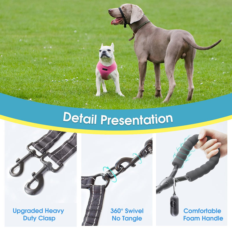 BAAPET Double Dog Leash, 4 FT Rope Dog Leash with Tangle Free Shock Absorbing Bungee and Poop Bags for Dual Small Medium Large Dogs (Medium/Large, Black) Medium/Large (25~150 lbs.) - PawsPlanet Australia