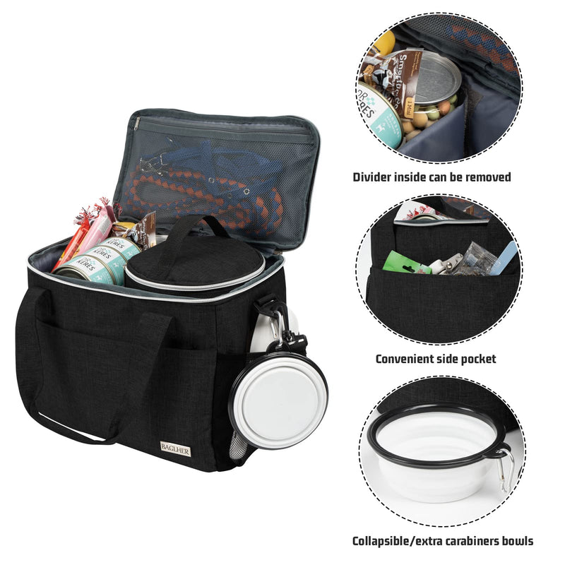 BAGLHER Dog Travel Bag Backpack Pet Supplies Backpack Pet Accessories Storage Bag 5-Piece Set with Shoulder Strap 2 Lined Pet Food Containers 4 Foldable Feeding Bowls Essential Kit for Pet Travel Black Medium - PawsPlanet Australia